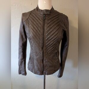 Womens Chocolate Brown Faux Leather‎ Moto Jacket Sz Small